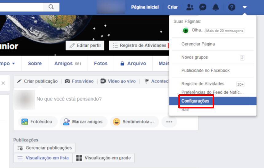 Facebook: Configurações