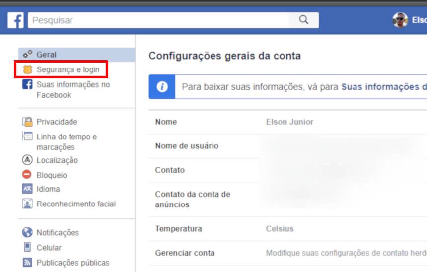 Facebook: Configurações Gerais da Conta - Segurança e login