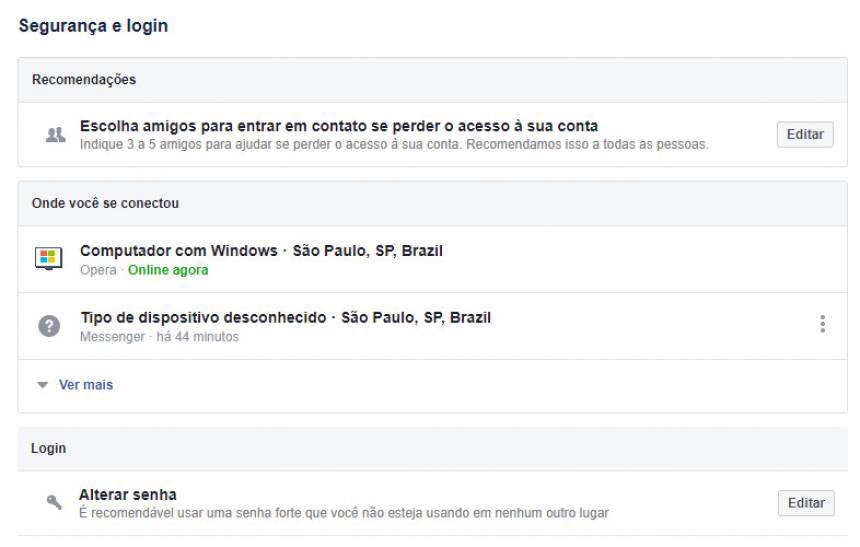 Facebook: Segurança e login - Onde você se conectou