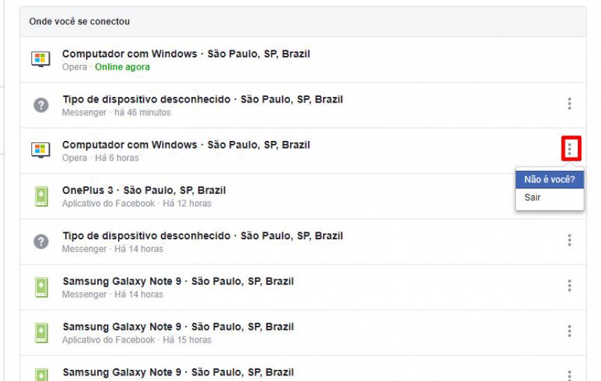 Facebook: Segurança e login - Onde você se conectou - Sair