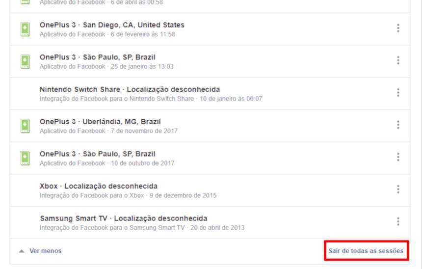 Facebook: Segurança e login - Sair de todas as sessões
