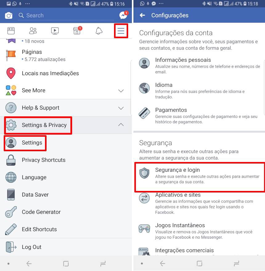 Facebook: Configurações - Segurança e login