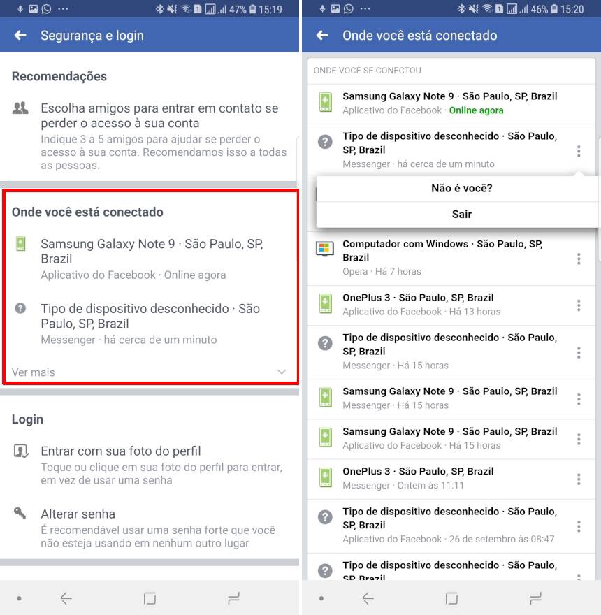 Facebook: Segurança e login - Onde você está conectado